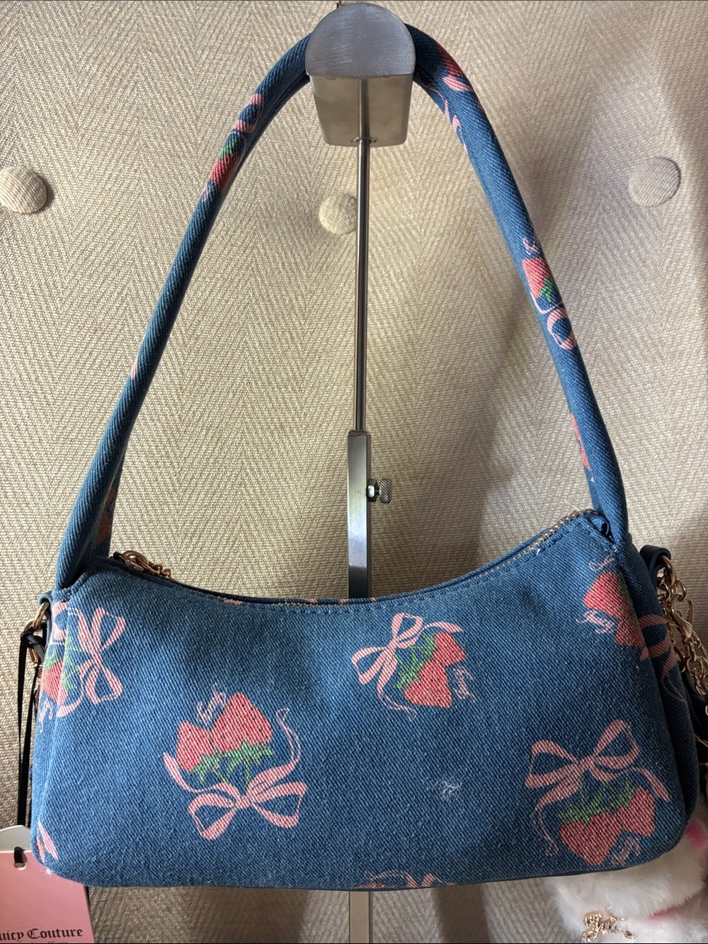 Juicy Couture Blue Denim Floral Bow Shoulder Bag with Strawberry Charm - Picture 2 of 12